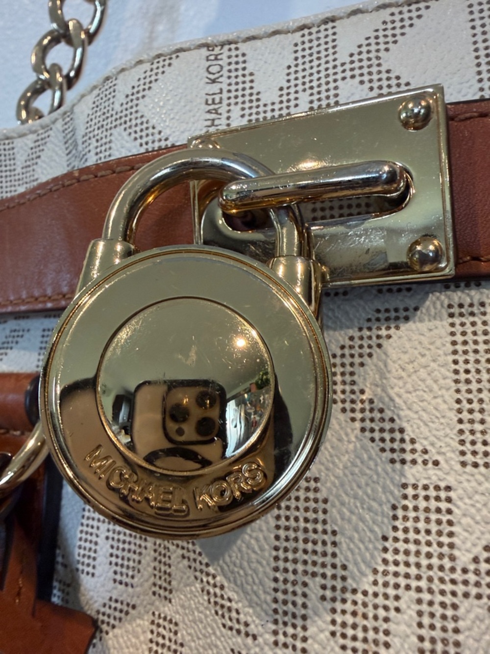 Michael Kors Beige & Brown MK Logo Satchel with Gold Hardware - Picture 6 of 12